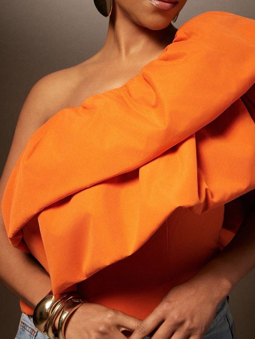 Orange Party Women's Slim Fit Asymmetrical Cloak Sleeve One Shoulder Top - Picture 5 of 5